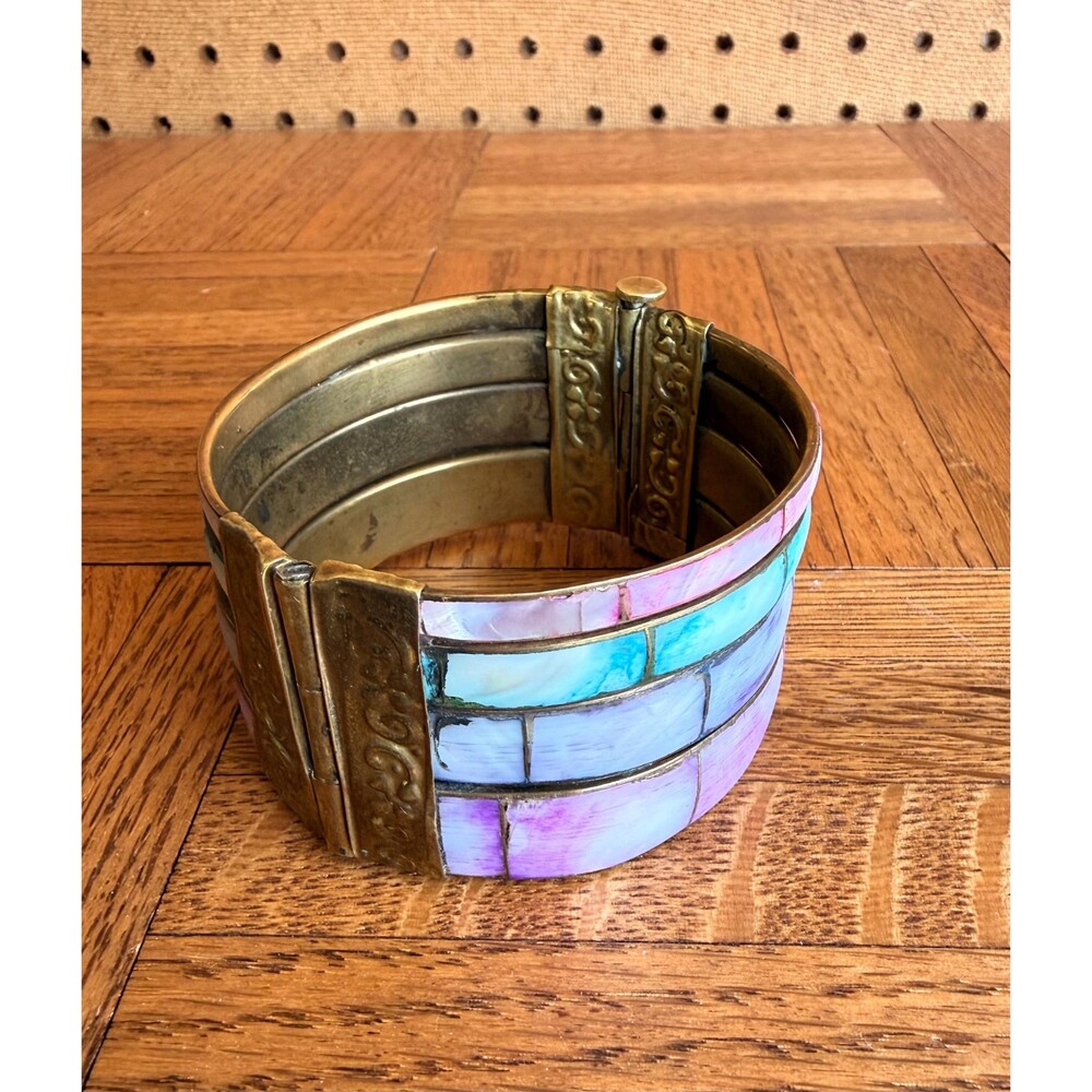 Vintage 1970s Brass Cuff Bracelet with Rainbow Mother of Pearl Inlay | Boho